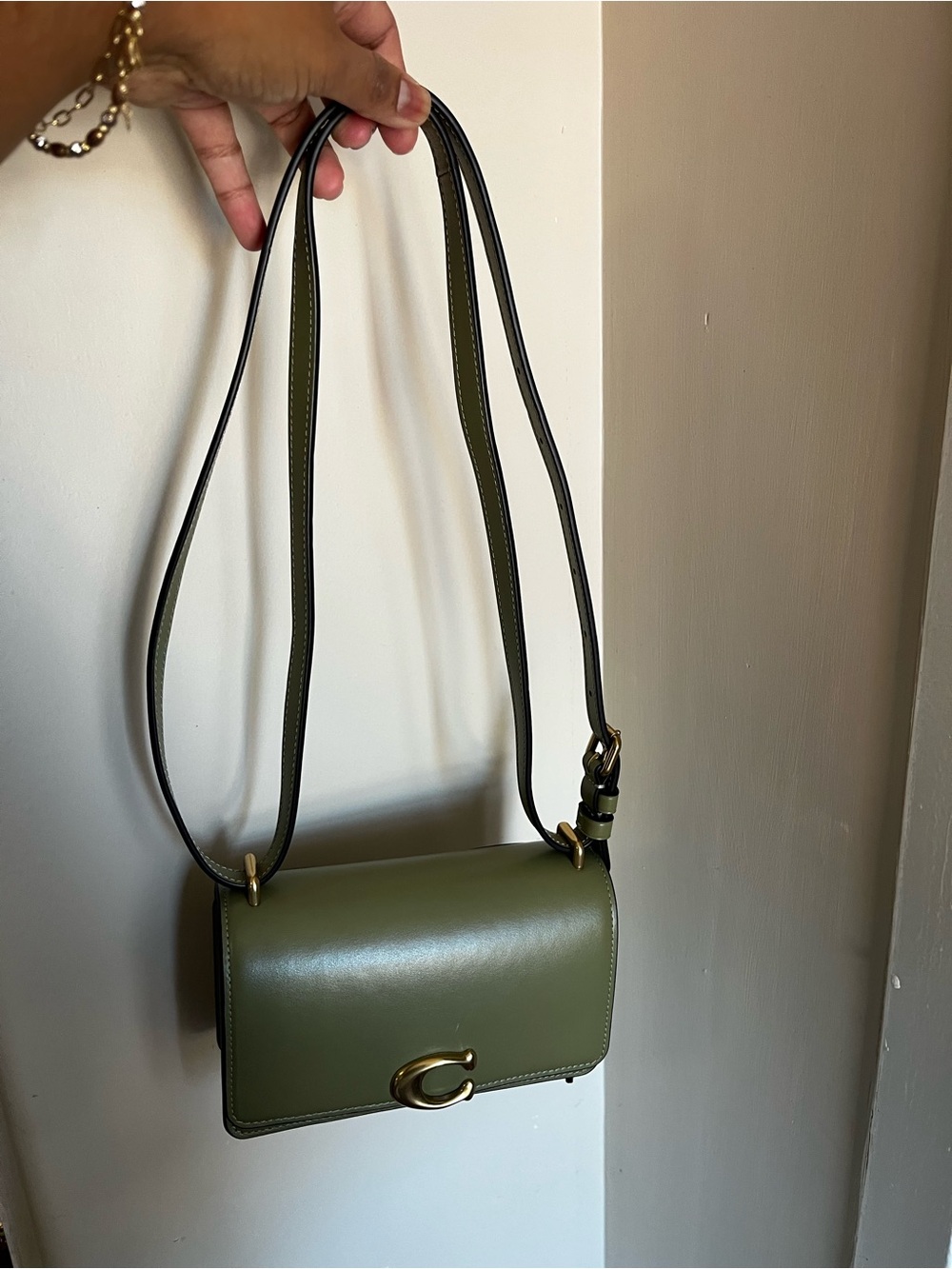 Coach- crossbody or shoulder! Olive Green Leather Crossbody Bag with Gold Accent